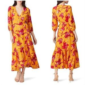 Color‎ Me Courtney Womens Yellow Red Floral Print Eleanor Wrap Midi Dress Small